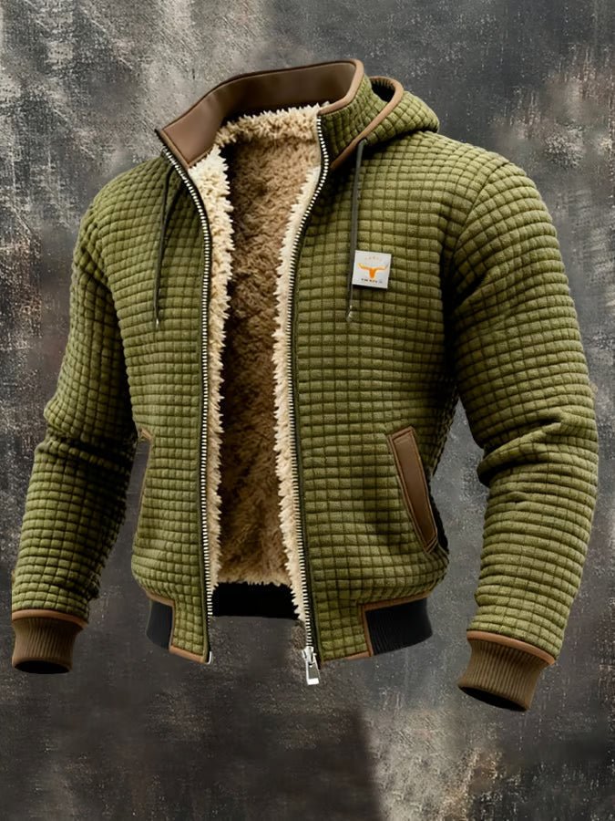 Green quilted hooded jacket with sherpa lining, zip front, and brown leather-look trim