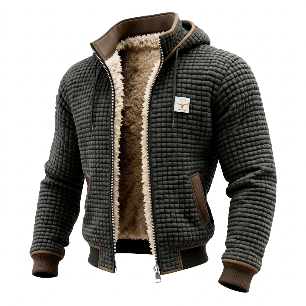 Black quilted hooded jacket with sherpa-lined front and brown leather-look trim
