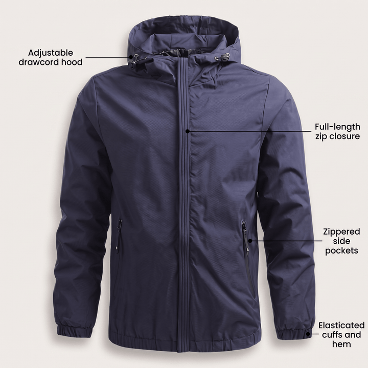 Maxwell Haven jacket in navy with drawcord hood, full zip, zippered pockets