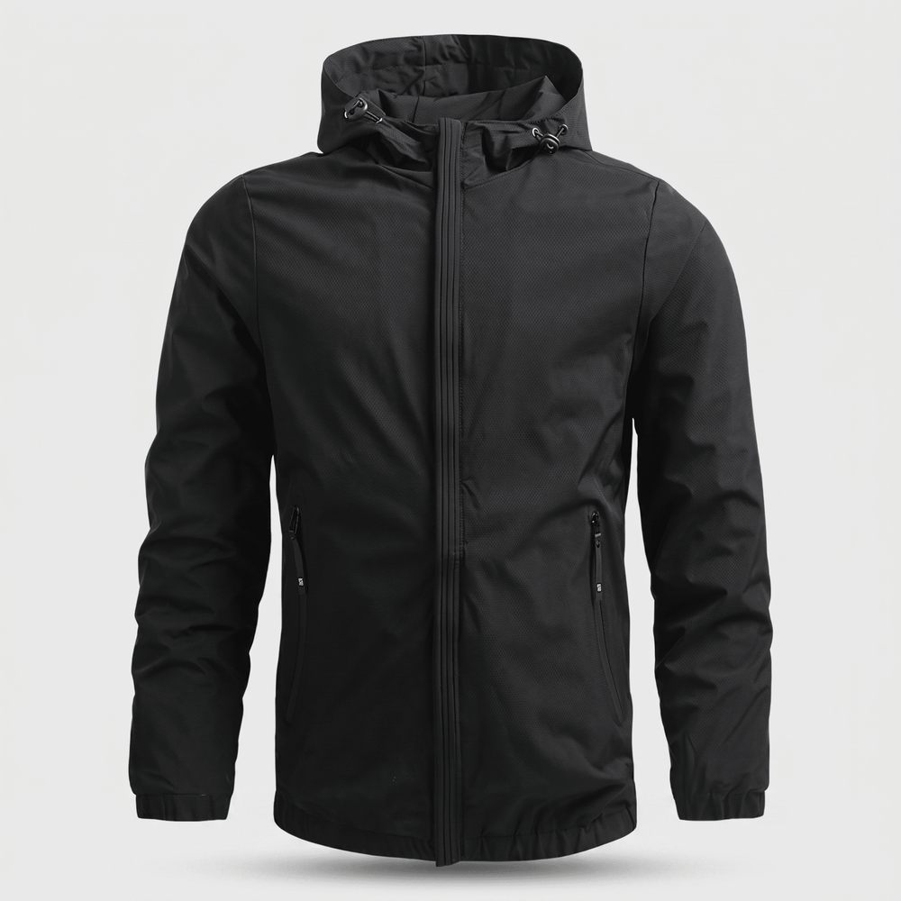 Maxwell Haven jacket in black with hood and full-length zip; side zip pockets