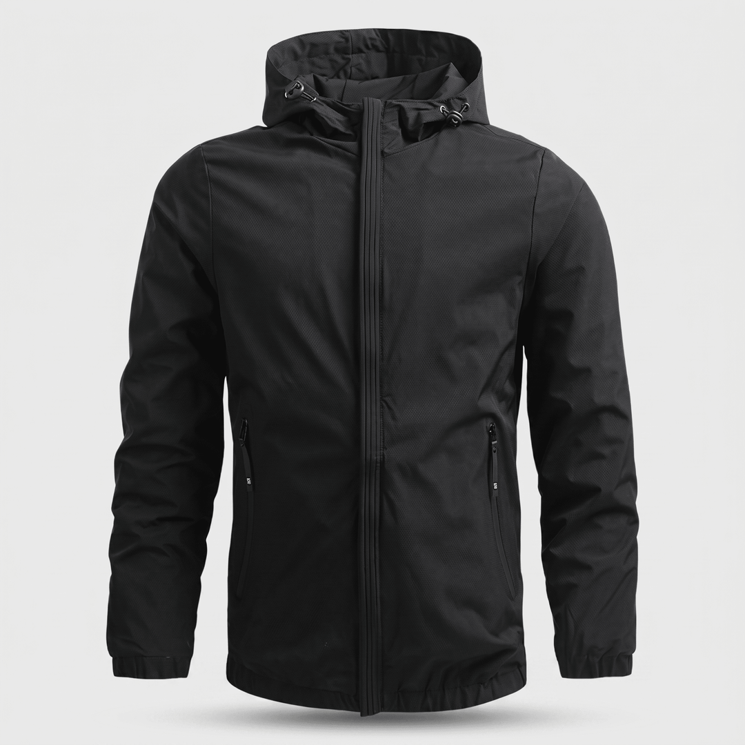 Maxwell Haven jacket in black with hood and full-length zip; side zip pockets