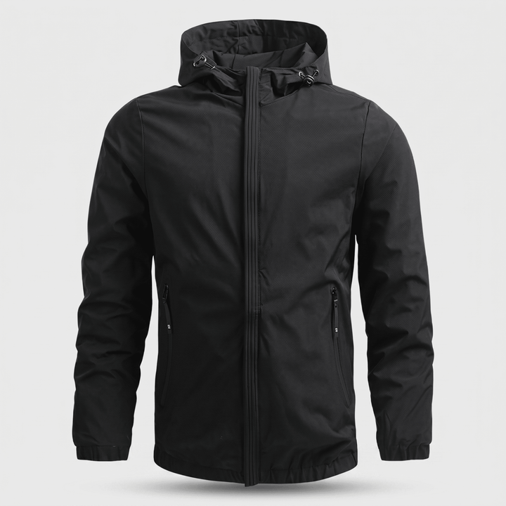 Maxwell Haven jacket in black with hood and full-length zip; side zip pockets