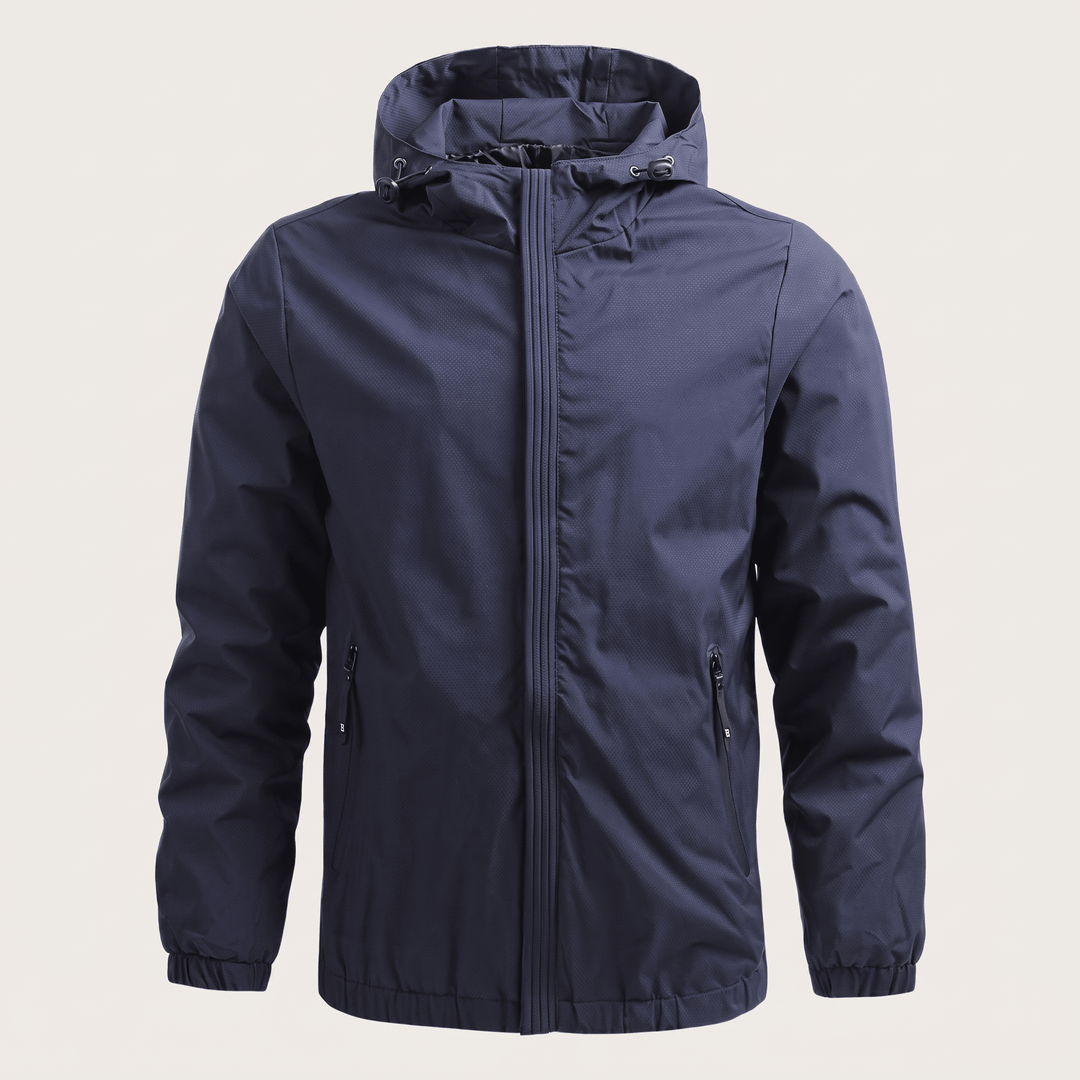 Maxwell Haven jacket in navy blue with hood and full-length zip closure