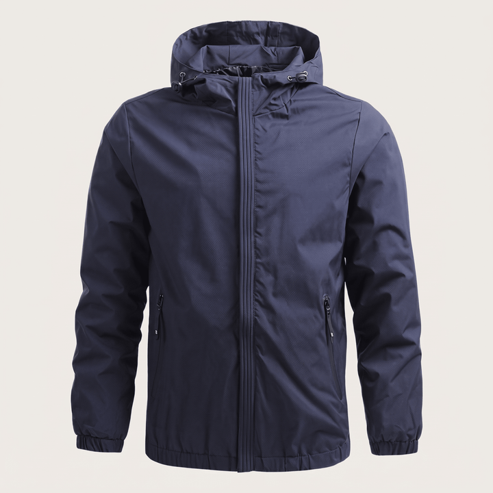 Maxwell Haven jacket in navy blue with hood and full-length zip closure