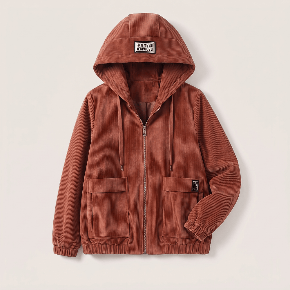 Rust corduroy zip-up jacket with hood, front zip, two flap pockets, ribbed cuffs