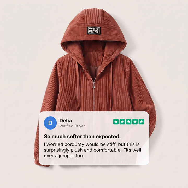 Rust corduroy zip-up jacket with hood, front zipper, and flap chest pockets