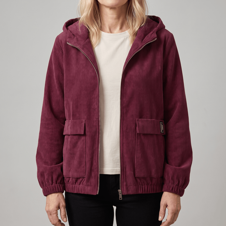 Corduroy zip-up jacket with hood, burgundy tone, flap chest pockets, elastic cuffs