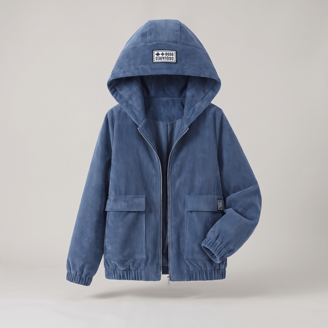 Blue corduroy zip-up jacket with hood, front zipper, two flap chest pockets, elastic hem