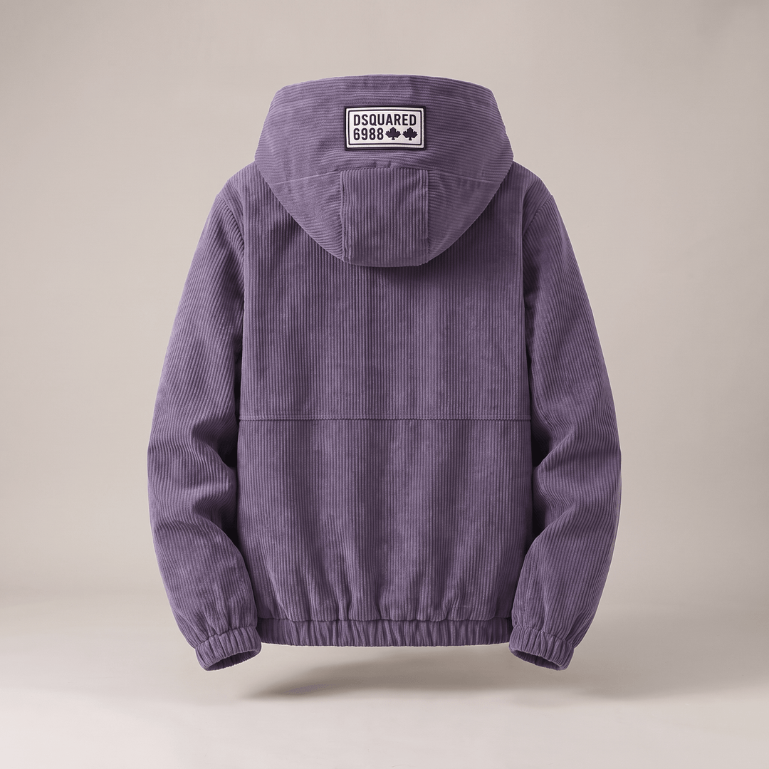 Lavender corduroy zip-up jacket with hood, ribbed cuffs and hem