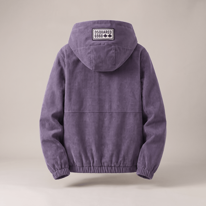 Lavender corduroy zip-up jacket with hood, ribbed cuffs and hem