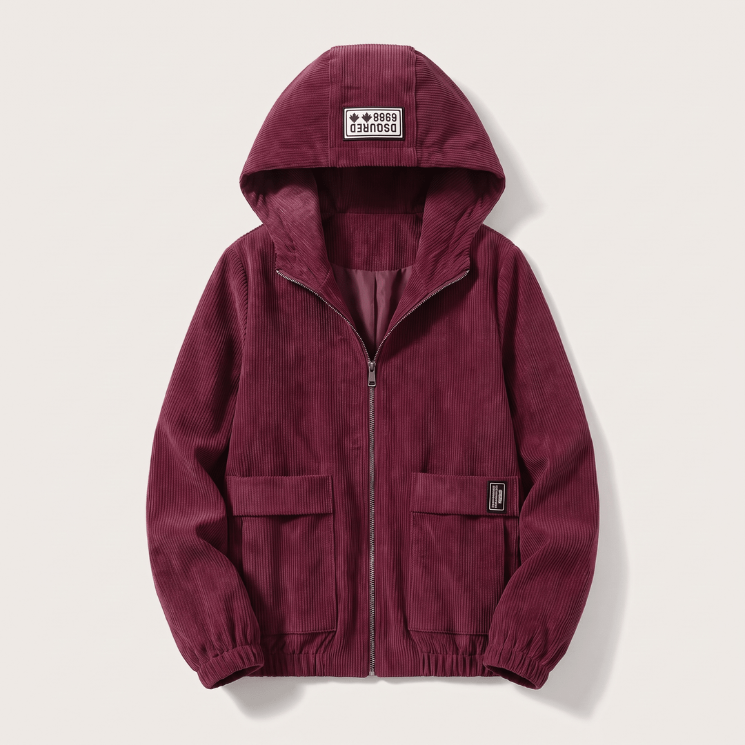 Burgundy corduroy hooded zip jacket with two flap pockets, ribbed cuffs, elastic hem