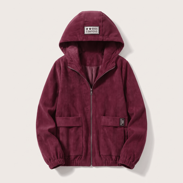 Burgundy corduroy hooded zip jacket with two flap pockets, ribbed cuffs, elastic hem