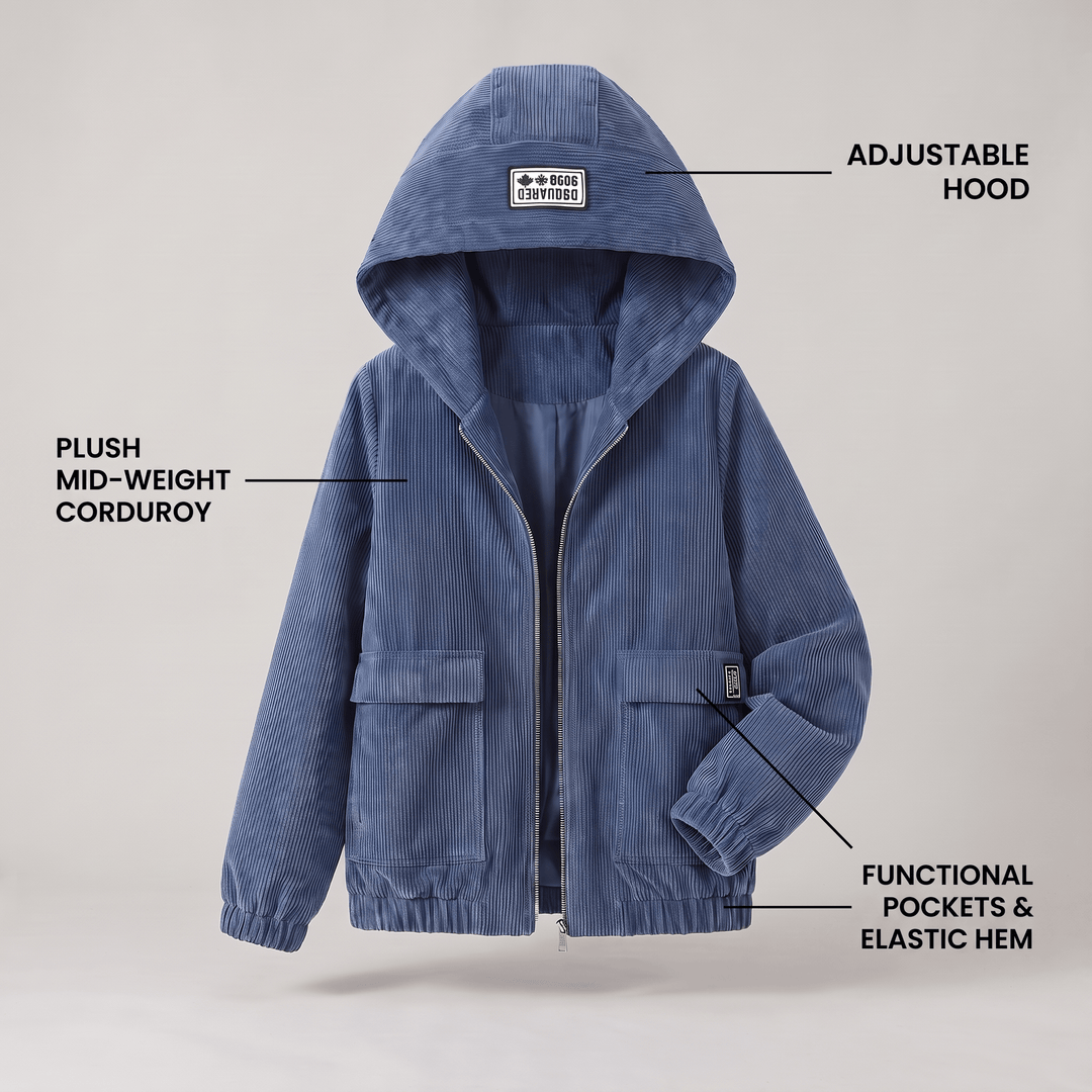 Blue corduroy hooded zip jacket with flap pockets and elastic hem