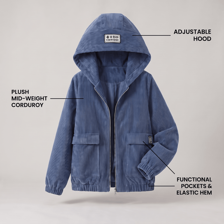 Blue corduroy hooded zip jacket with flap pockets and elastic hem