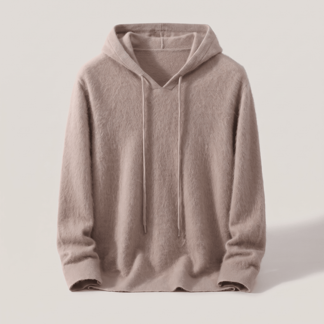 Camel cashmere hoodie with pullover hood, drawstring ties, and ribbed cuffs and hem.