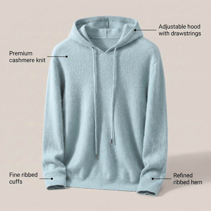 Light blue cashmere hoodie with adjustable hood drawstrings, ribbed cuffs and hem.