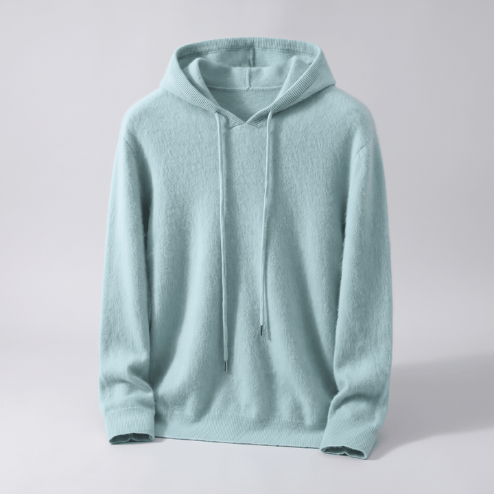 Teal cashmere pullover hoodie with adjustable hood drawstring, ribbed cuffs and hem.