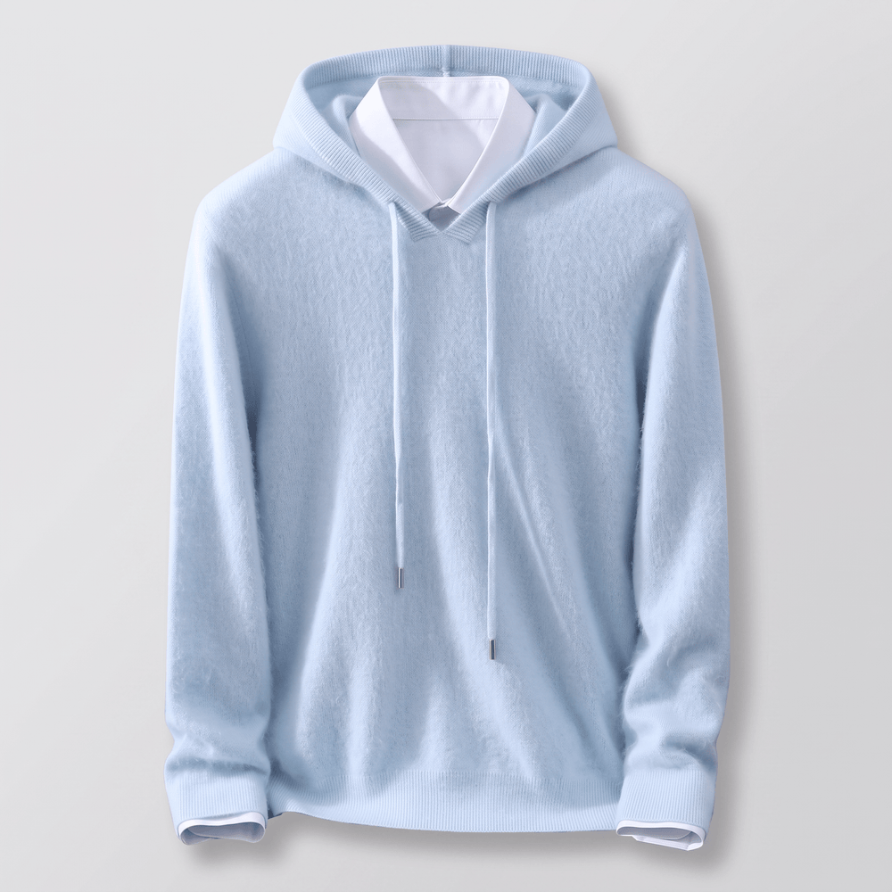 Light blue cashmere pullover hoodie with adjustable hood drawstring, ribbed cuffs.