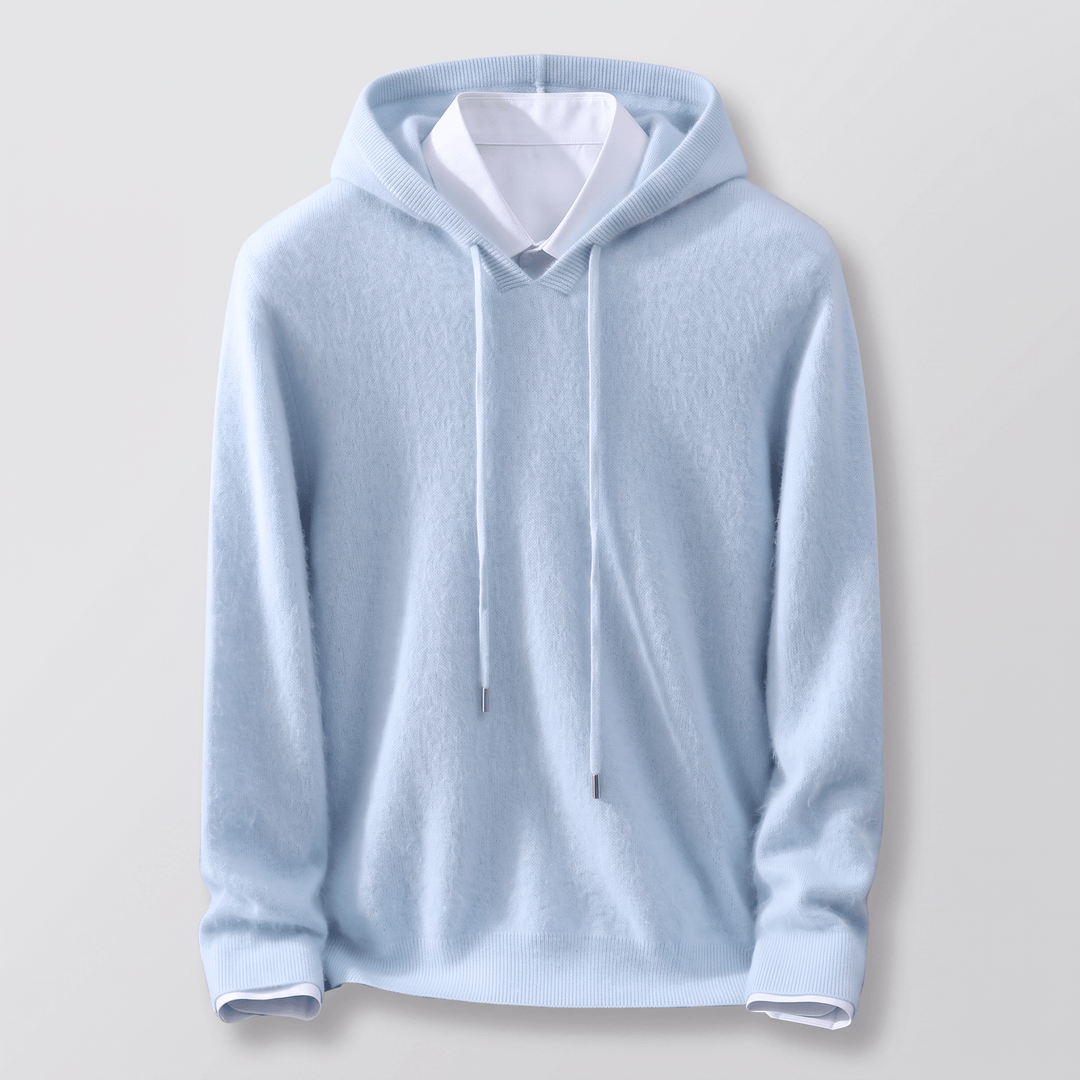 Light blue cashmere pullover hoodie with adjustable hood drawstring, ribbed cuffs.