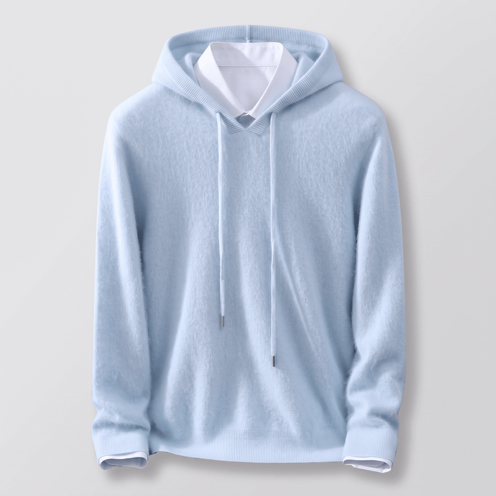 Light blue cashmere pullover hoodie with adjustable hood drawstring, ribbed cuffs.