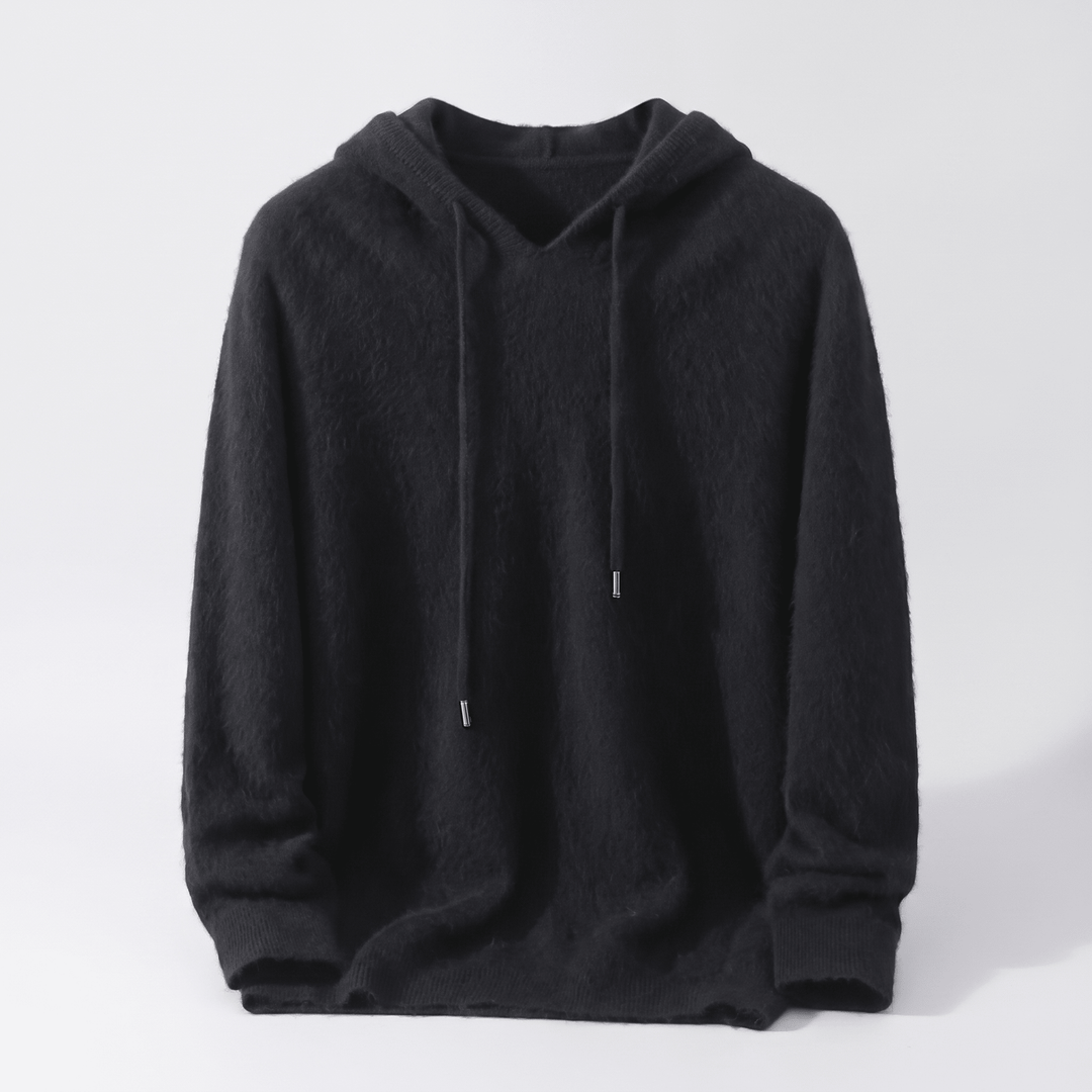Black cashmere pullover hoodie with adjustable hood drawstrings and ribbed cuffs and hem.