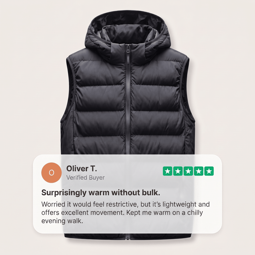 Black hooded puffer vest with full front zipper, quilted baffle design