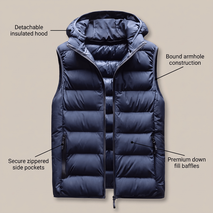 Navy blue hooded puffer vest with full zipper, two side pockets, baffle insulation