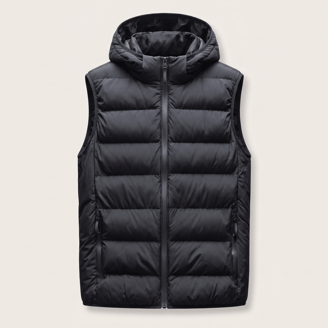 Black hooded puffer vest with full front zipper and quilted baffle quilting