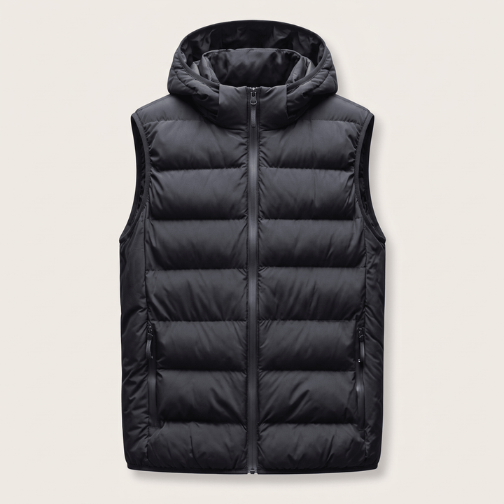Black hooded puffer vest with full front zipper and quilted baffle quilting