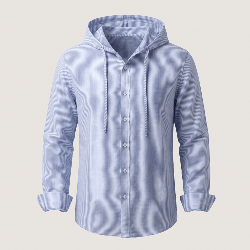 Light blue striped linen hoodie with adjustable hood, drawstring, and button front