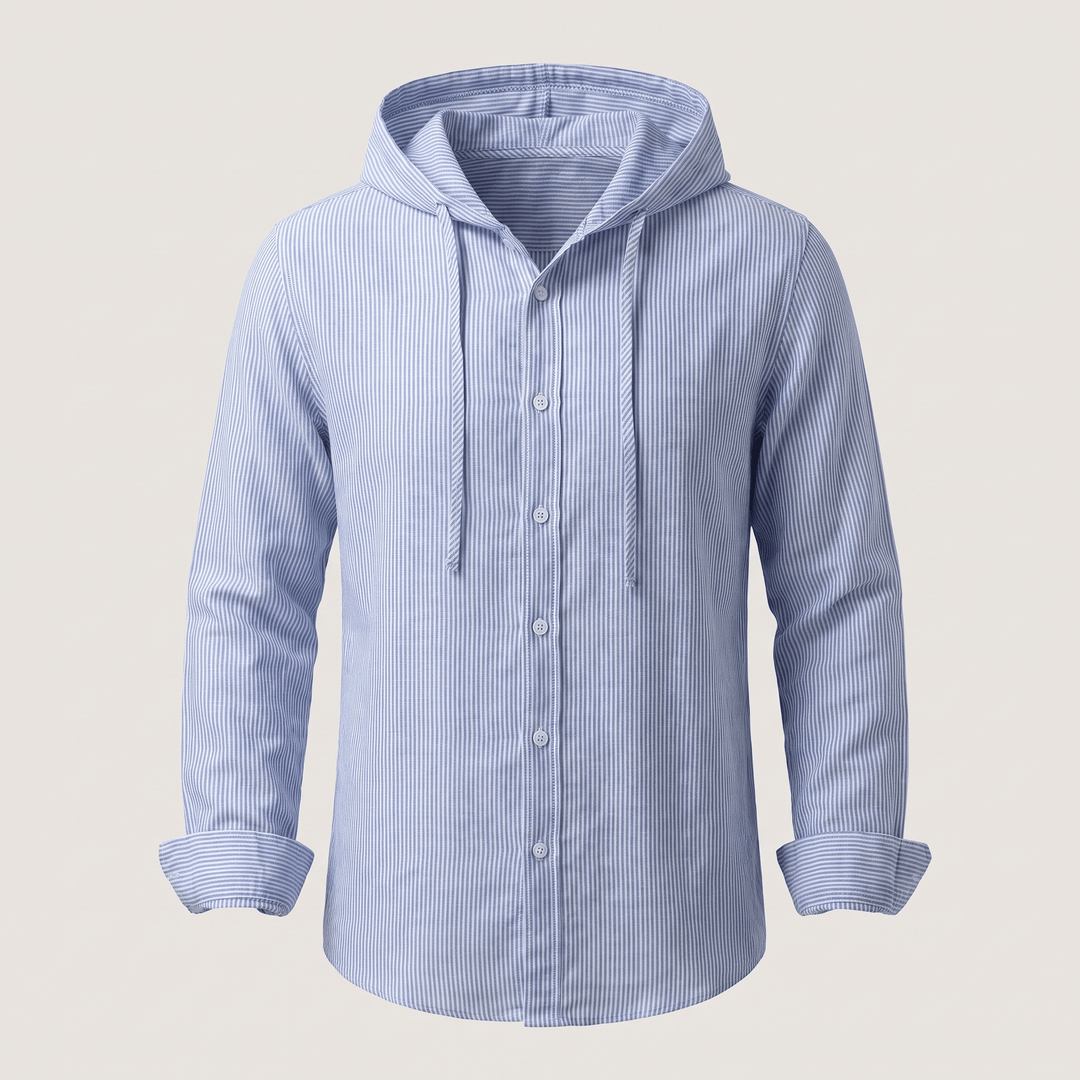 Light blue striped linen hoodie with adjustable hood, drawstring, and button front