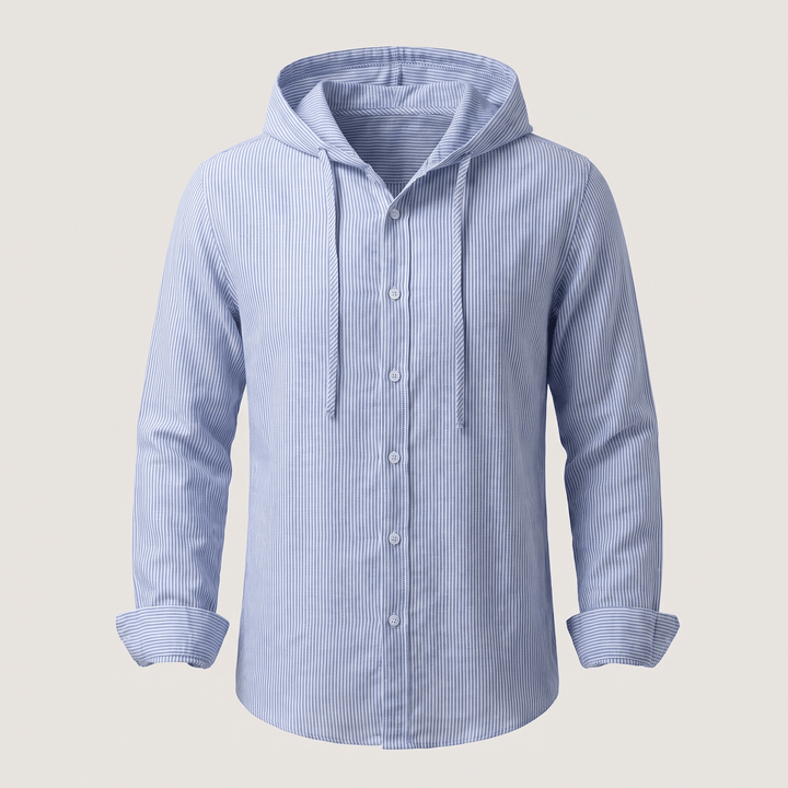 Light blue striped linen hoodie with adjustable hood, drawstring, and button front