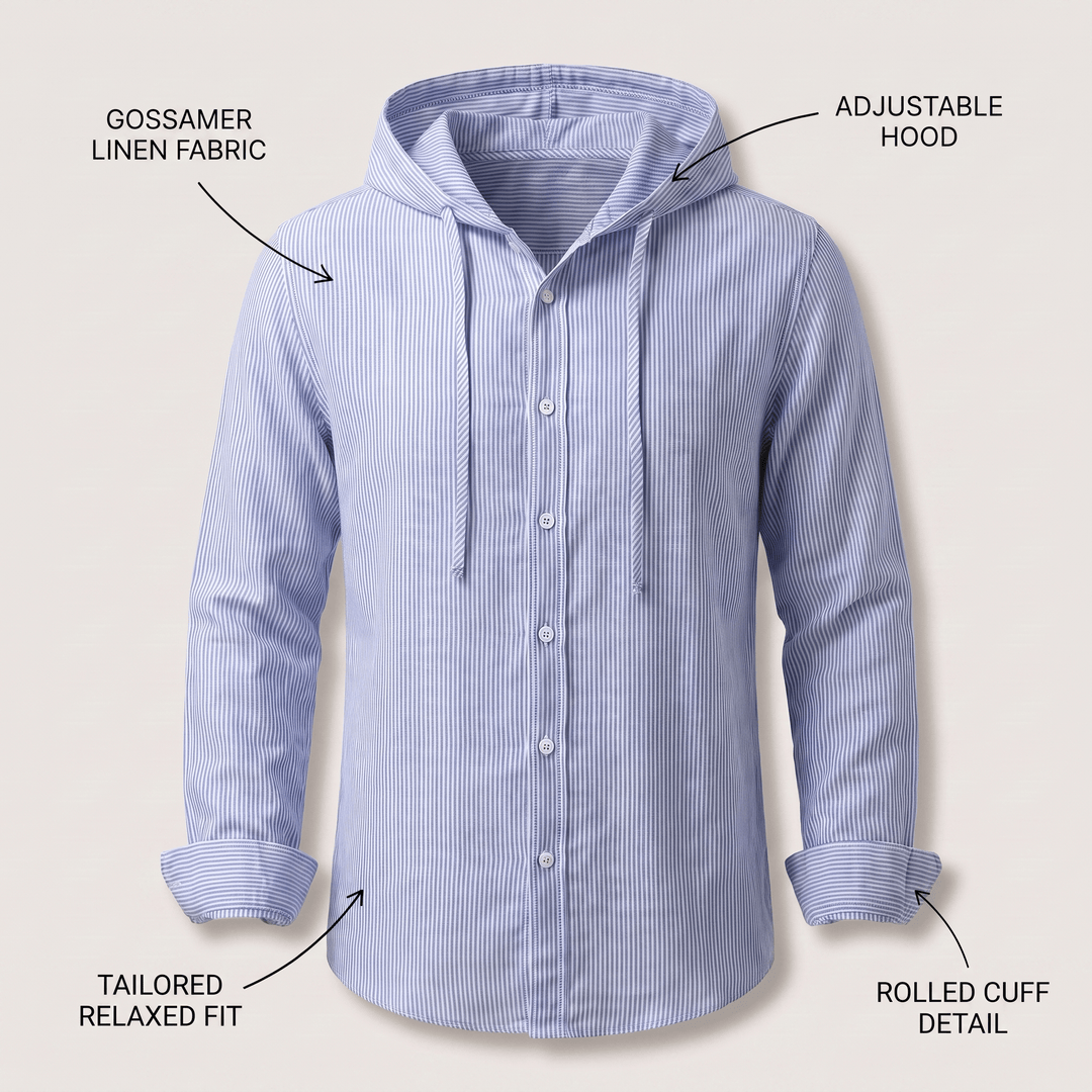 Blue striped linen hoodie with adjustable hood, drawstring, rolled cuffs, and button front