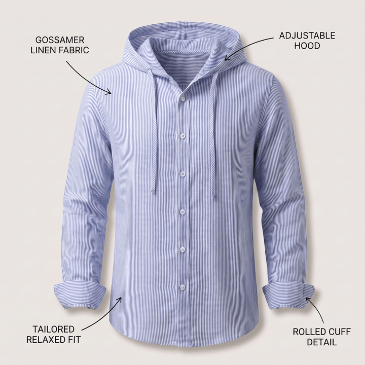 Blue striped linen hoodie with adjustable hood, drawstring, rolled cuffs, and button front
