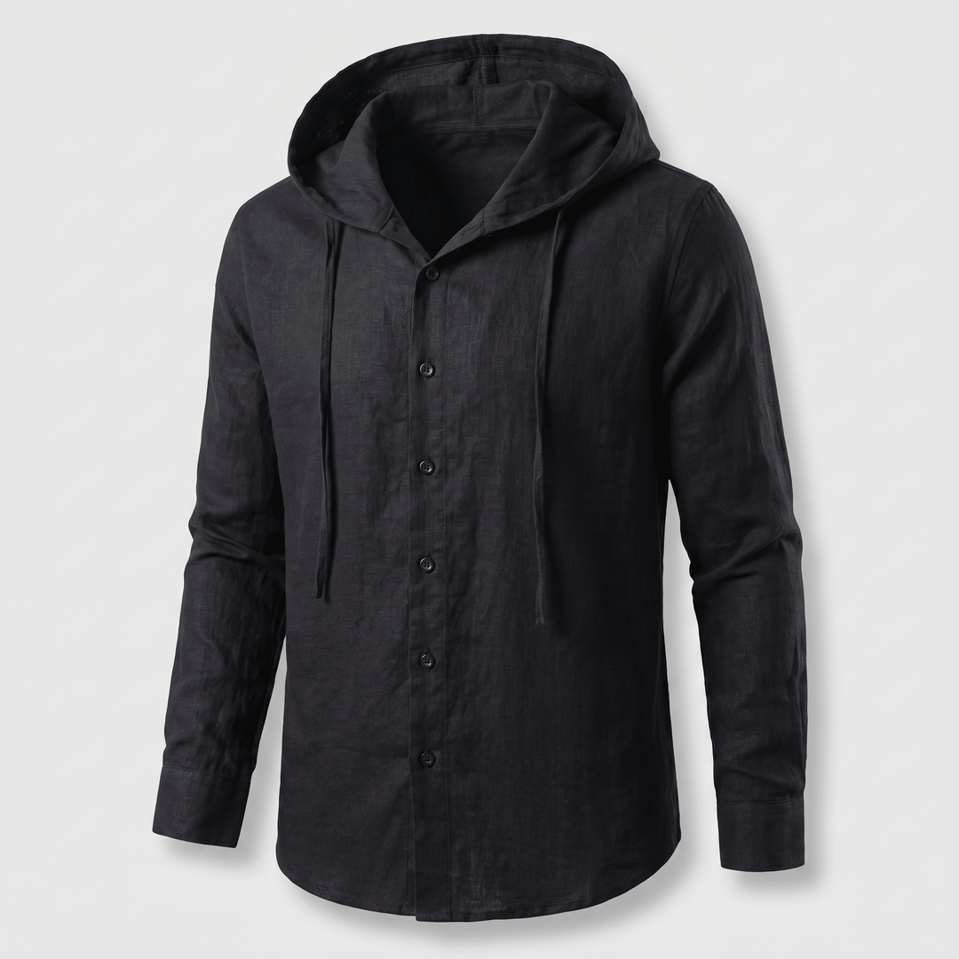 Black linen hoodie with adjustable hood and button-front placket