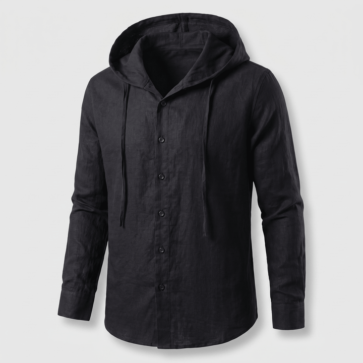 Black linen hoodie with adjustable hood and button-front placket