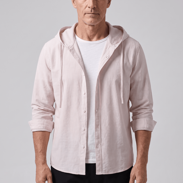 Pale pink striped linen hoodie with adjustable hood, drawstring, and button front