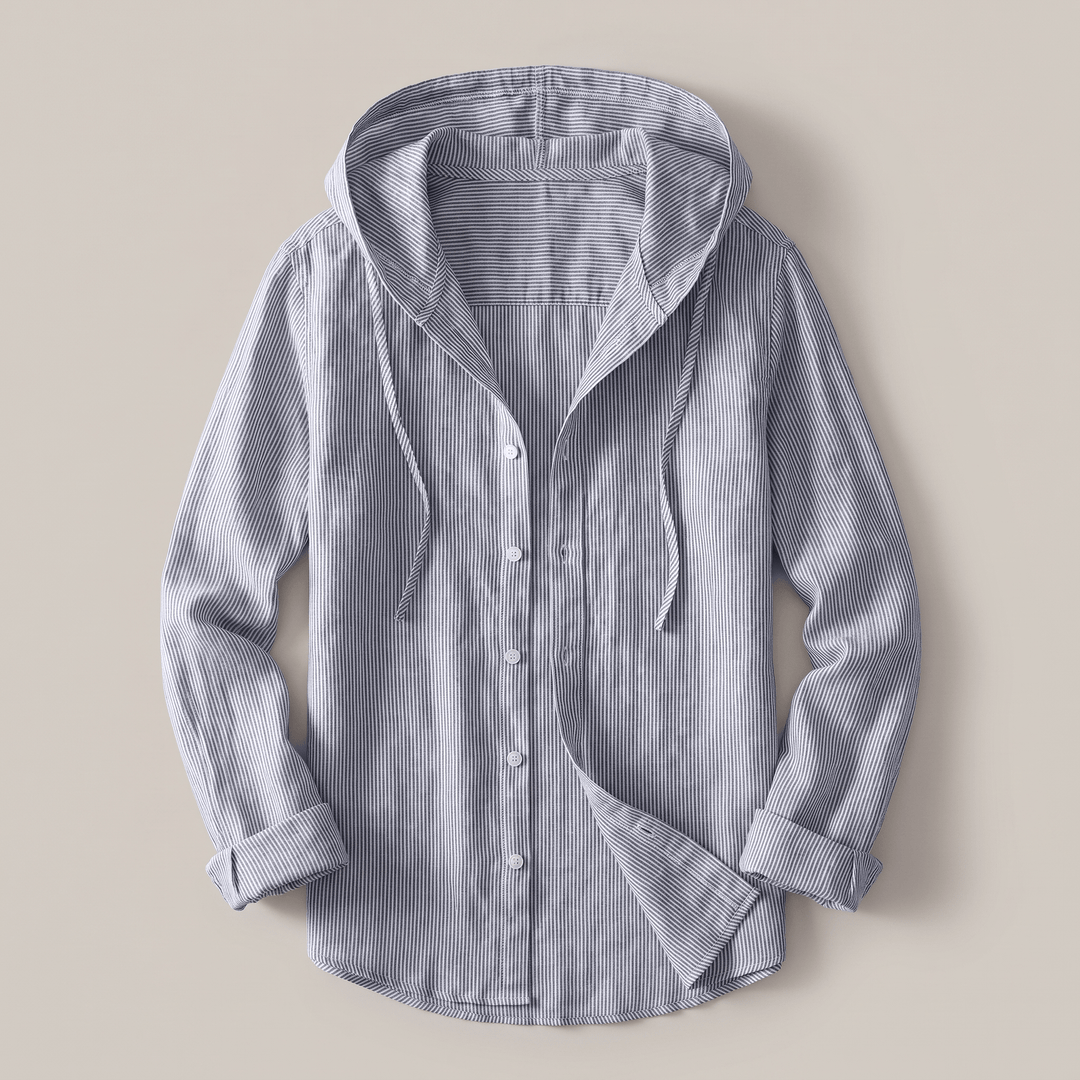 Blue-gray striped linen hoodie with adjustable hood, drawstring, and button front
