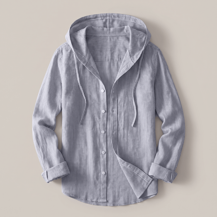 Blue-gray striped linen hoodie with adjustable hood, drawstring, and button front