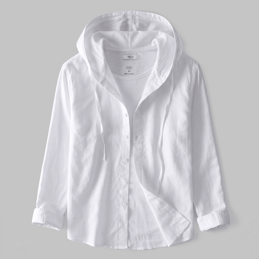 White linen hoodie with adjustable hood and button-front placket