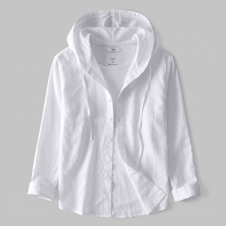 White linen hoodie with adjustable hood and button-front placket