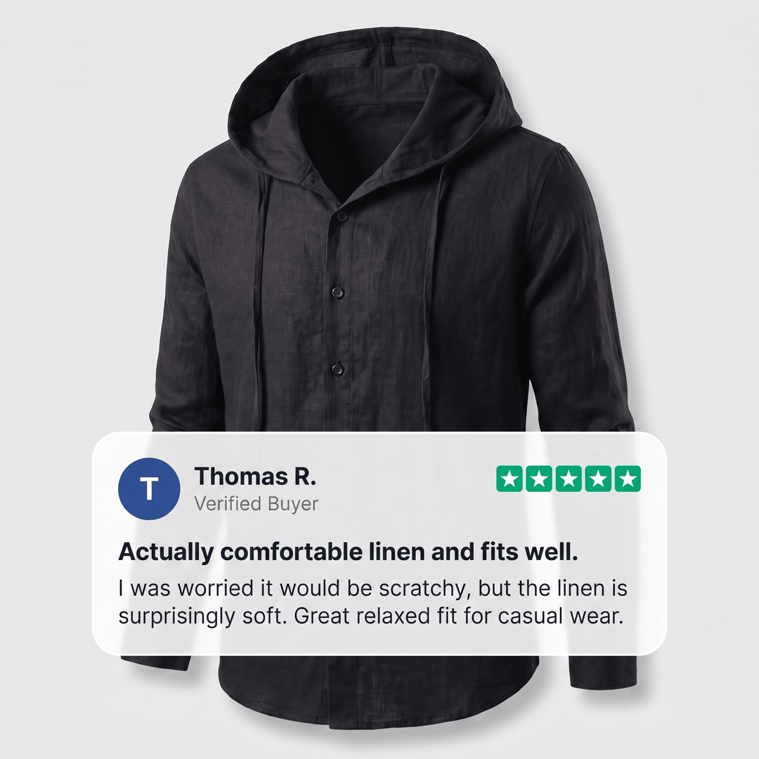 Black linen hoodie with adjustable hood, drawstring, and button-front placket