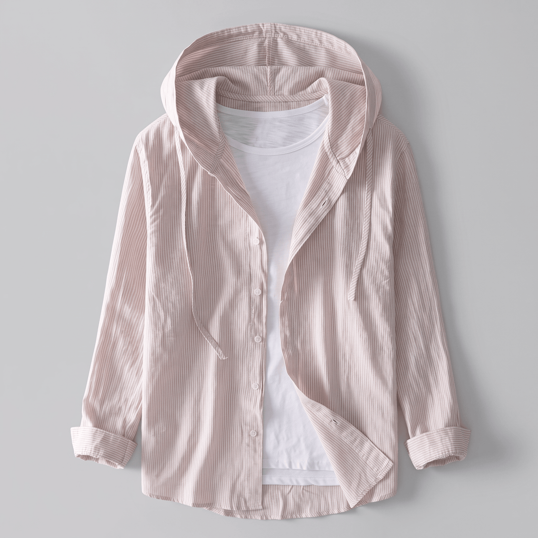 Apricot striped linen hoodie with adjustable hood, drawstring, and button front