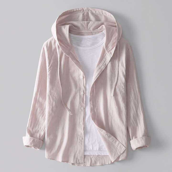 Apricot striped linen hoodie with adjustable hood, drawstring, and button front