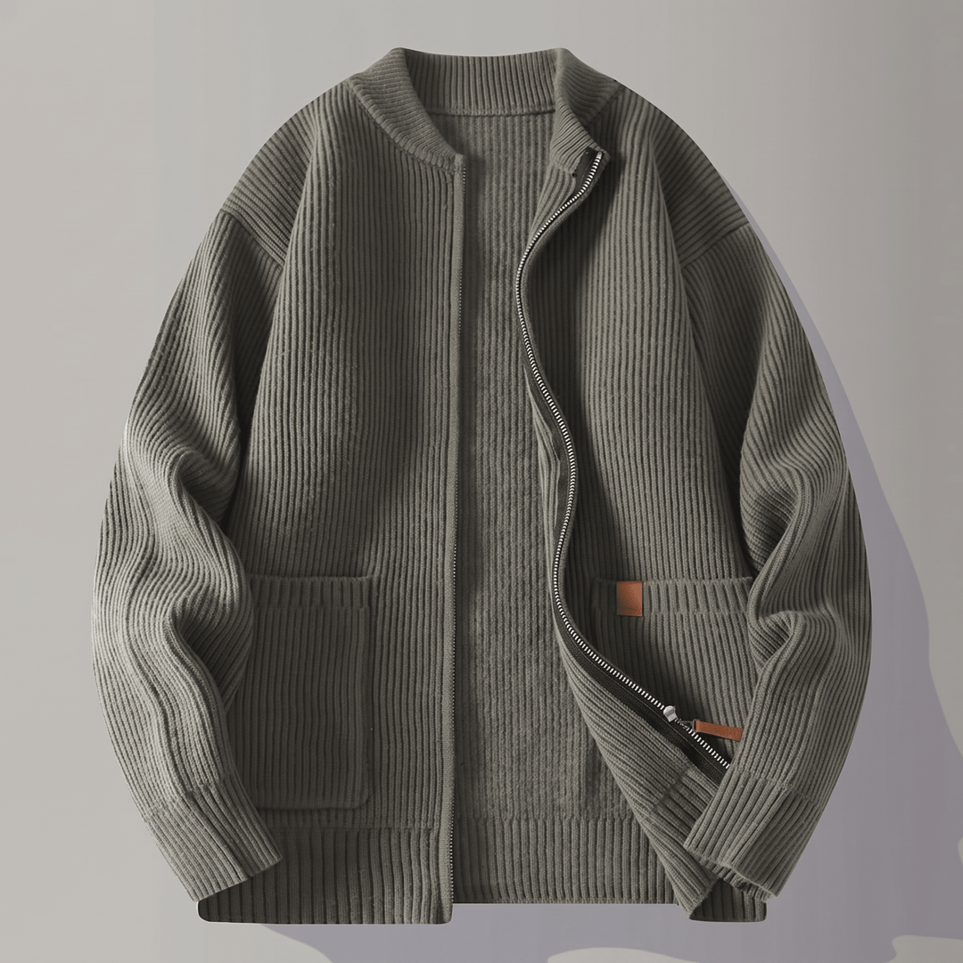Olive rib knit jacket with full zip, ribbed collar, and patch pockets