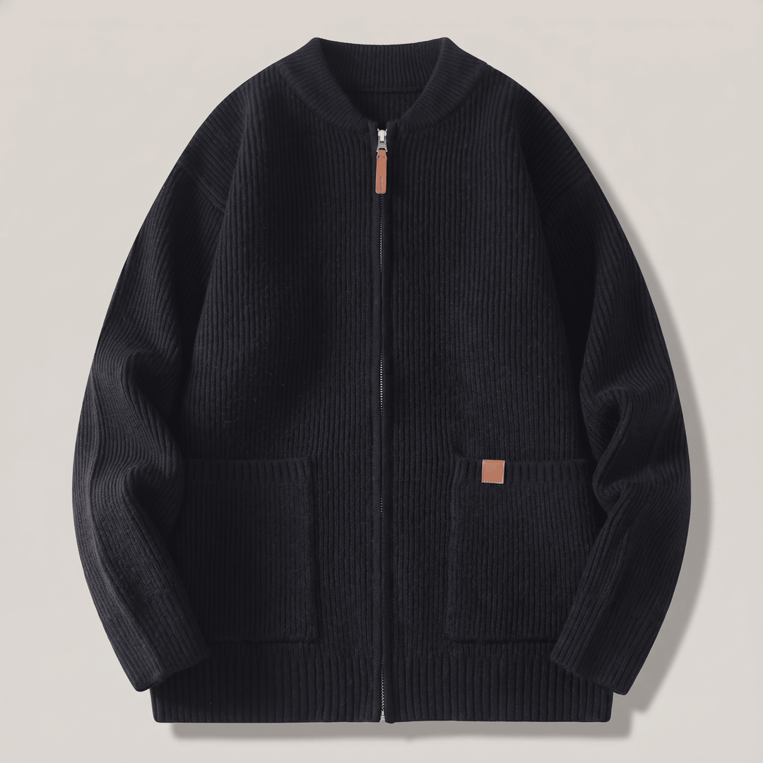 Black rib knit jacket with full zip front and two patch pockets
