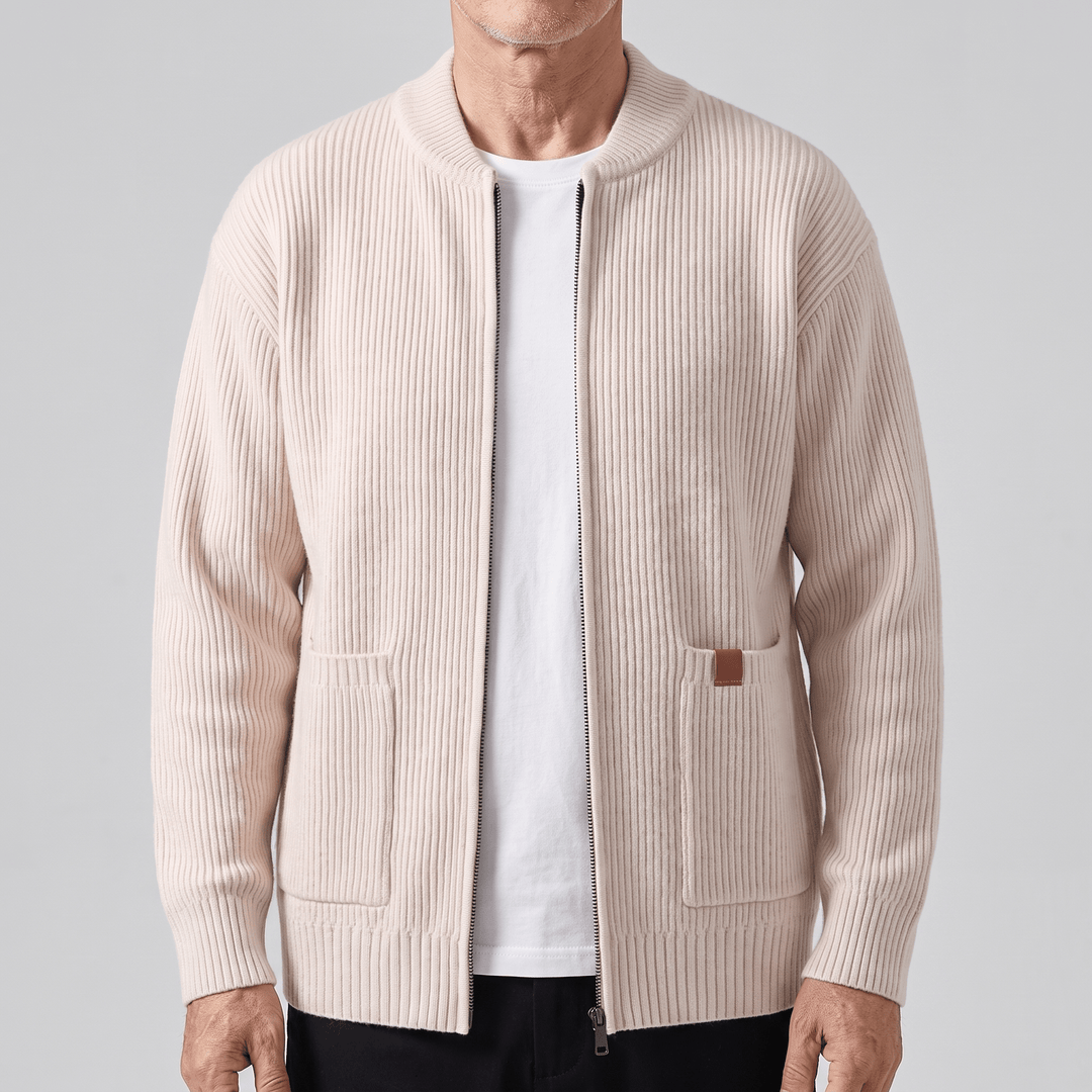 Beige rib knit jacket with full zip, structured collar, and patch pockets