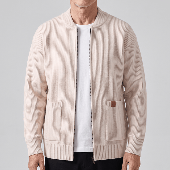 Beige rib knit jacket with full zip, structured collar, and patch pockets