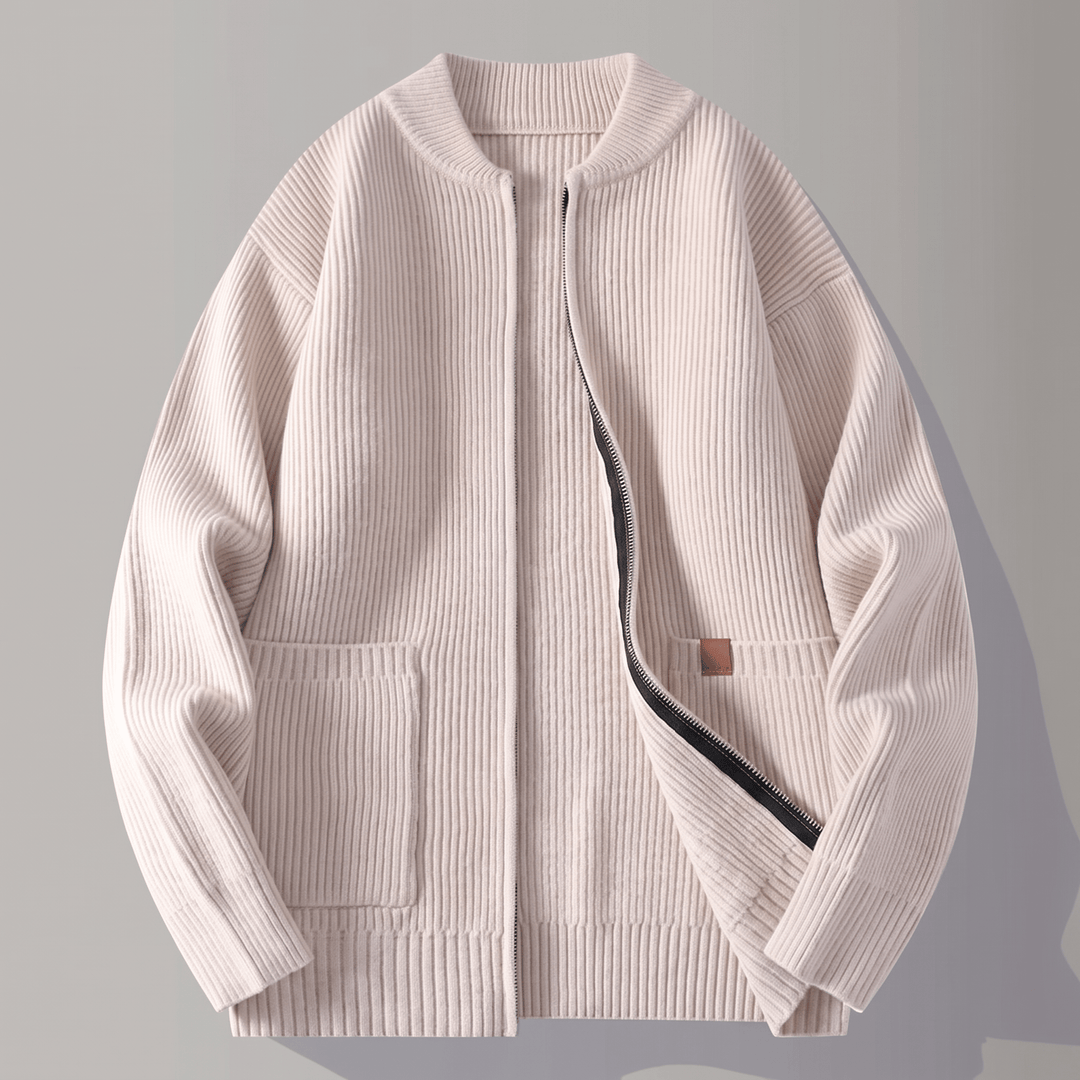 Cream rib knit jacket with full zip and patch pockets, ribbed collar