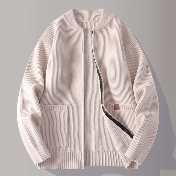 Cream rib knit jacket with full zip and patch pockets, ribbed collar